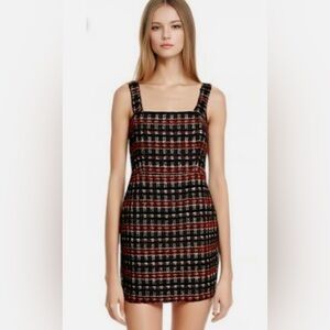 New HOUSE OF HARLOW 1960 Tweed Plaid Mini Dress Strapless Red Black Gold Medium